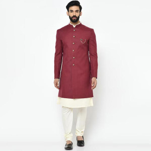 Men Maroon & Beige Solid Sherwani Set